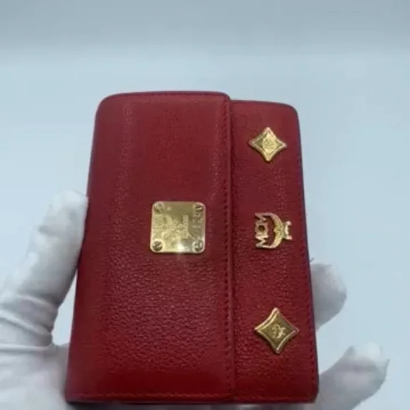 MCM Red Pebbled Leather Tri-Fold Wallet w/ Gold Hardware & Logo Charm